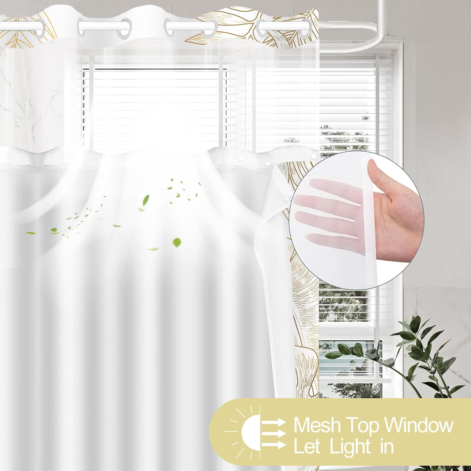 No Hook Shower Curtain with Snap in Liner, Tropical Leaf Shower Curtains and Liner Set for Bathroom, Monstera Palm Leaves Floral Fabric Bath Curtain, Waterproof Washable, Gold 71" x 74"