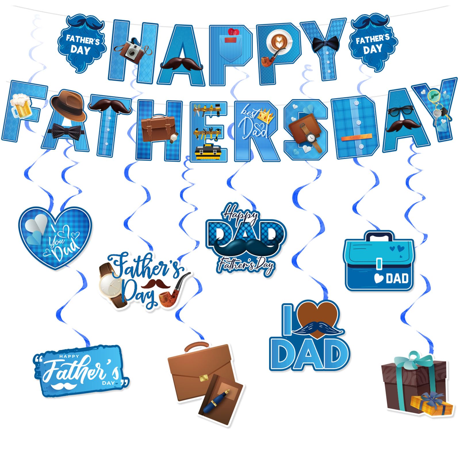 Happy Father's Day Banner, with Hat Moustache Beer Bow Necktie Heart Signs Etc, Happy Dad's Day Party Decorations Supplies for Home Indoor Outdoor,