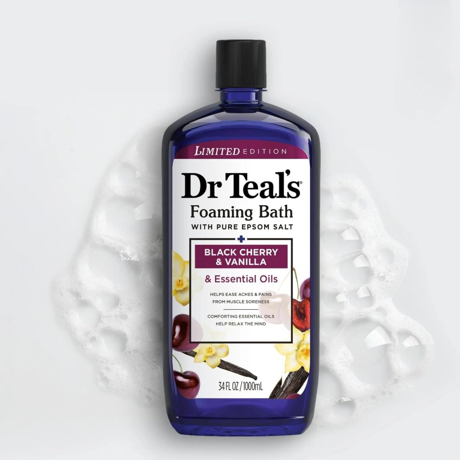 Dr Teal's Limited Edition Black Cherry & Vanilla Bath Set, Pure Epsom Salt and Foaming Bath, 34 FL OZ