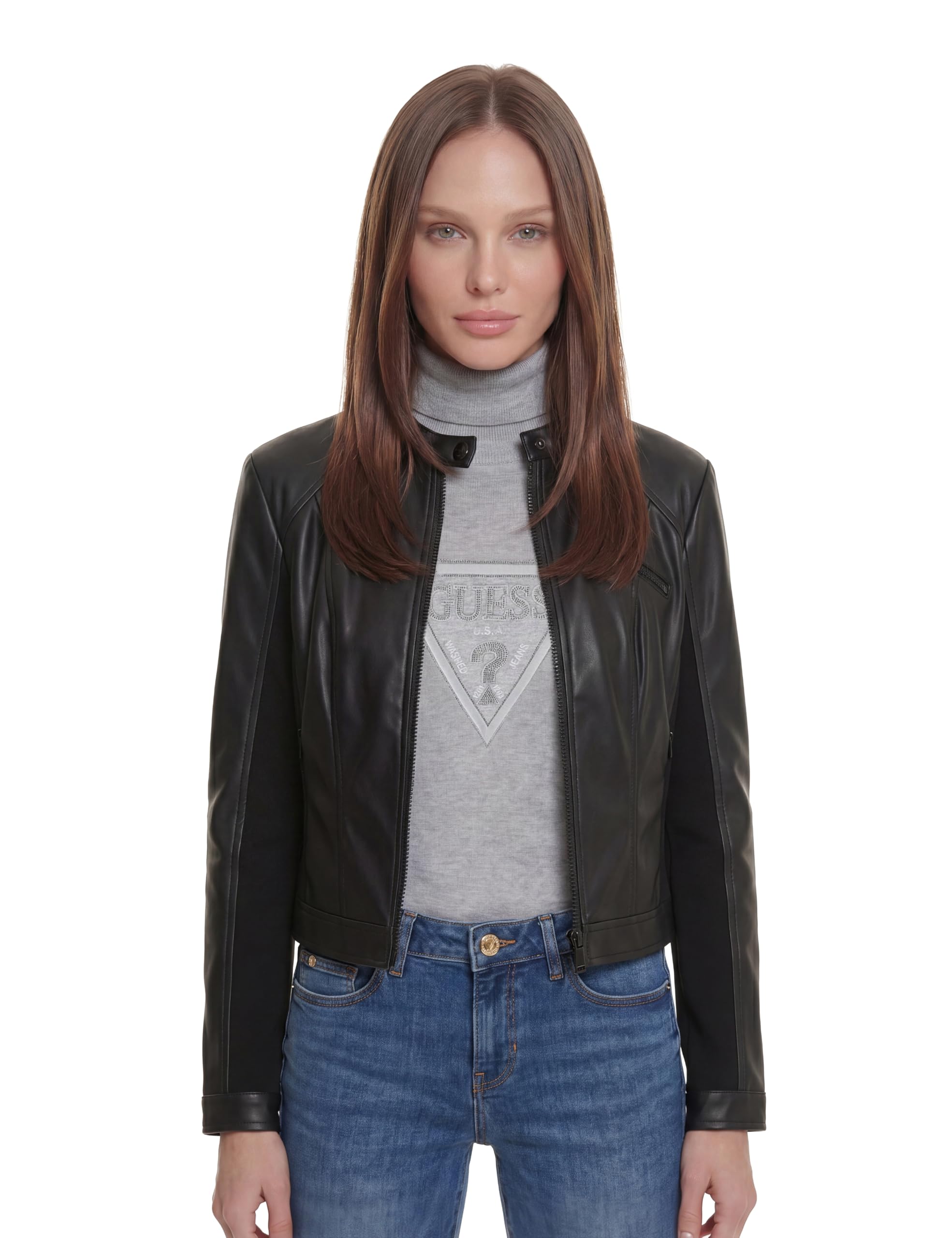Guess Women's Noir Leather Jacket Woman New Fiammetta