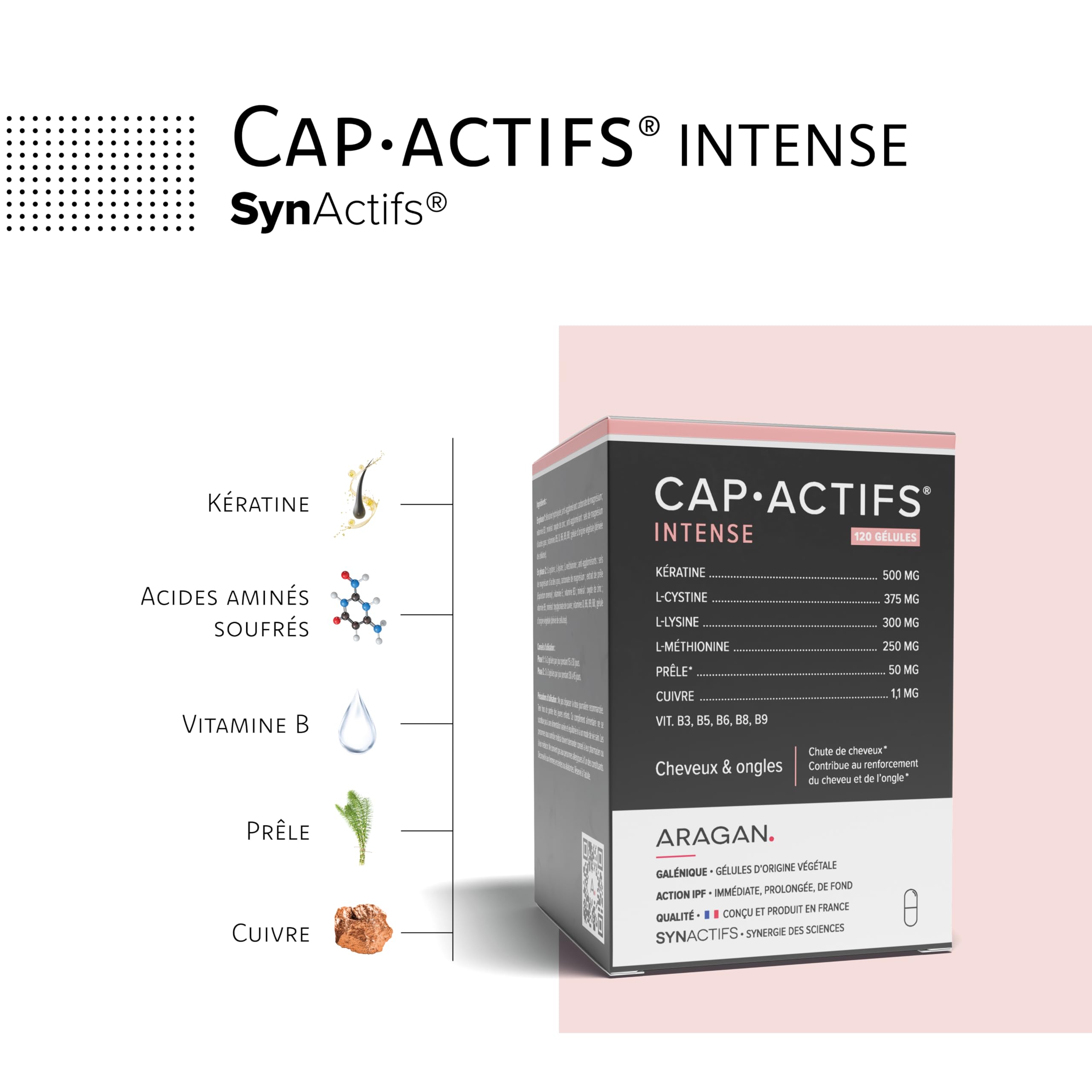 ARAGAN - Capactifs Intense - Complement Alimentaire Cheveux - Pousse Cheveux & Ongles - Kératine, Zinc & Vitamines - 1 mois de prise en 2 phases - Fabriqué en France