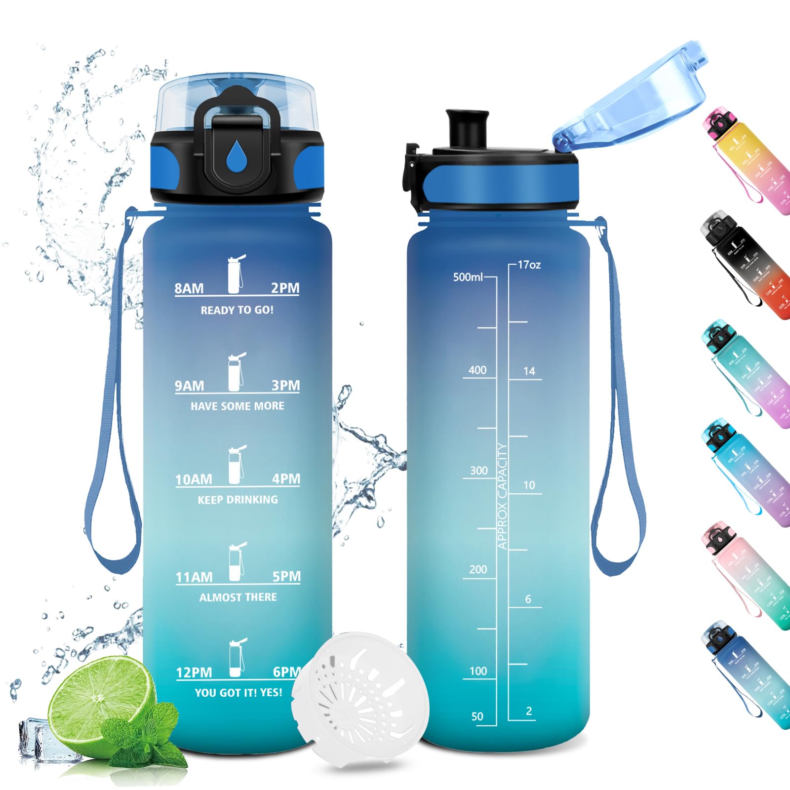 KollyKolla 500ml Water Bottle with Filter, Motivational Time Marker, Kids Water Bottle Leak-Proof Sports Gym School Gym Office Yoga