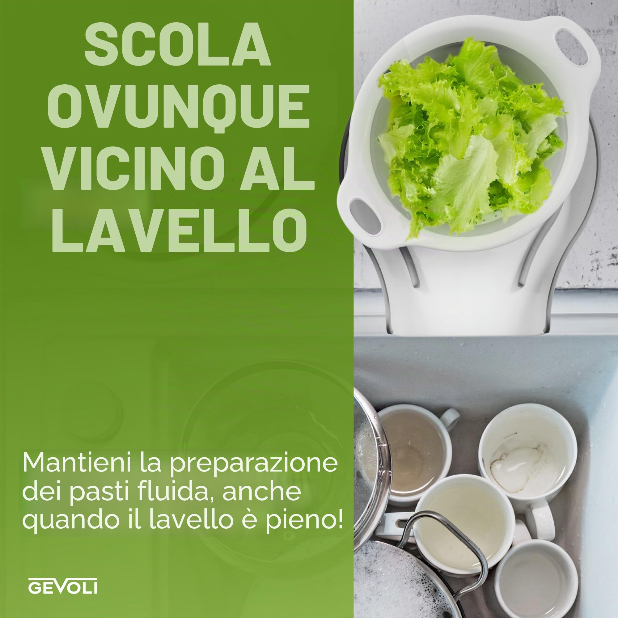 Gevoli Set di 3 scolapasta pieghevoli con base di scarico dell'acqua sopra il lavello per pasta, frutta e verdura (brevetto in attesa di registrazione), bianco (3 misure, 3QT, 4QT e 5 quarti)