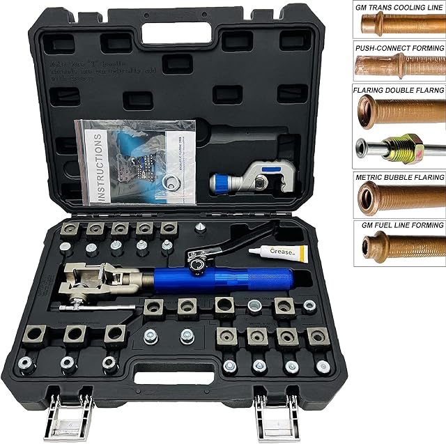 Hydraulic Flaring Tool Kit, 45° Double Flaring Tool, Brake Repair Brake Flaring Tools for 3/16"-1/2", Brake Flare Tool with Tube Cutter, 33PCS Flaring Dies for Copper Line, Steel Pipe and GM Reparing