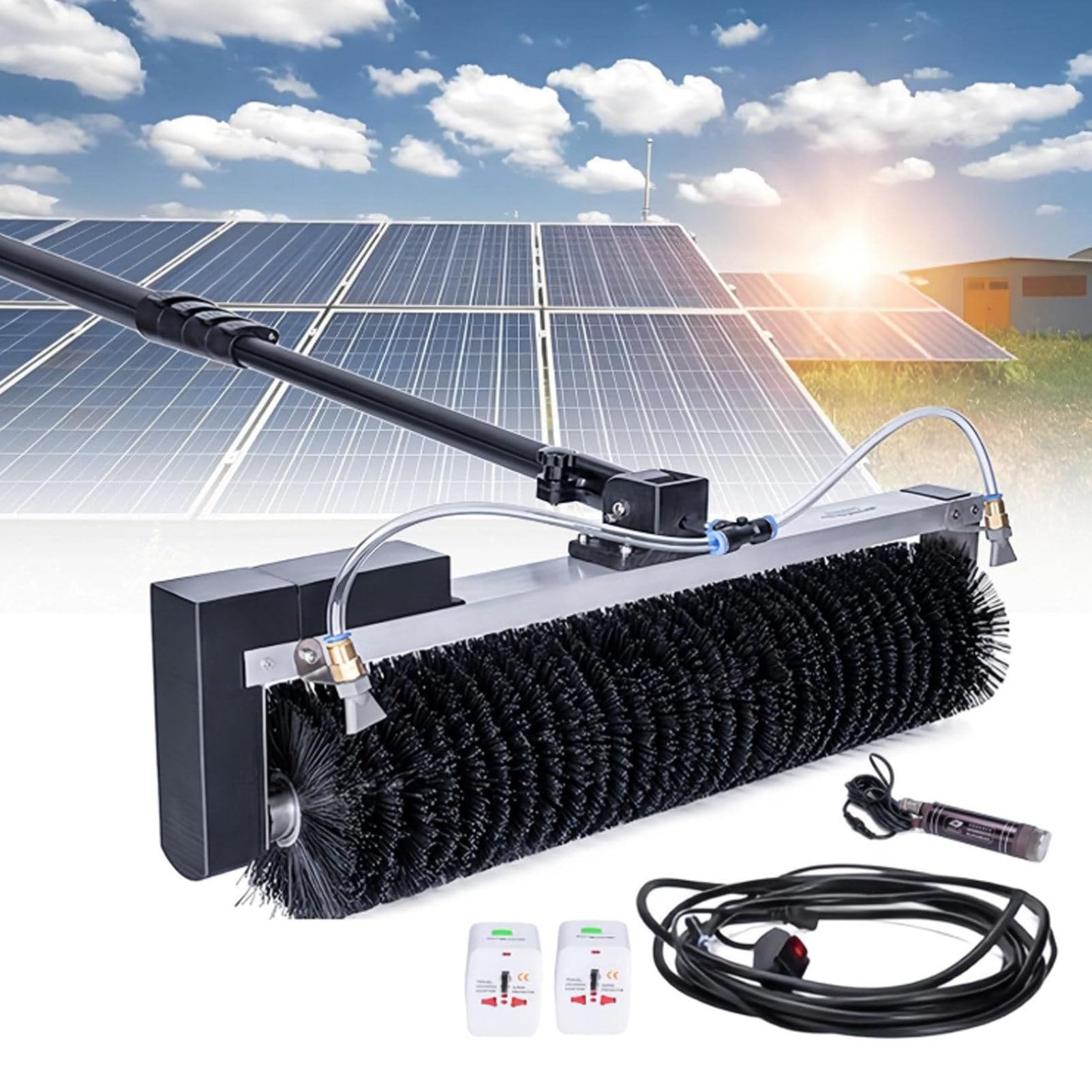Cashwise Electric Roller Brush for Cleaning Solar Panels, Photovoltaic Panel Brush Kit for Cleaning Exterior Brush with 360° Automatic Rotating (60cm), Adjustable Telescopic Rod Mains-7.5m/24.6ft