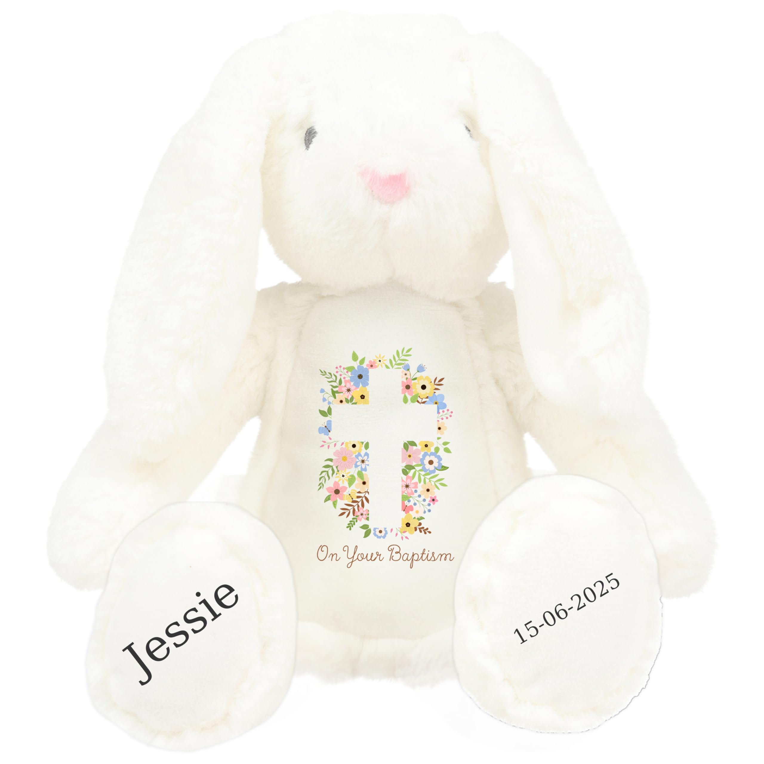 HotScamp Personalised Baptism Bunny with Name - Flowers Cross On your Baptism Day Soft Toy for Baby, Child, Kids, Babies Christening Church Spring Time - Pink Letter White Bunny