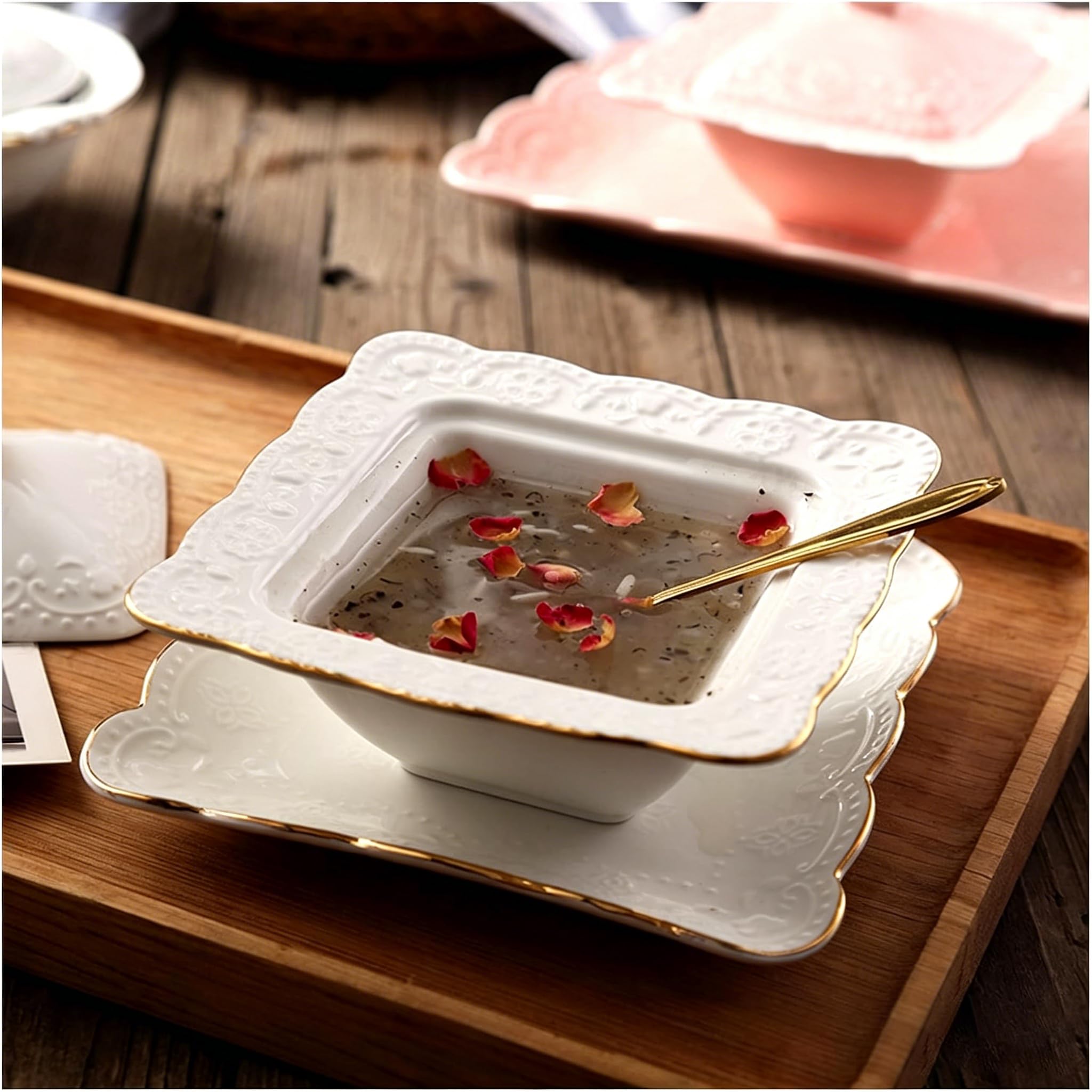 Keramik Suppenterrine mit Deckel, Hitzebeständige Servierschale für Suppe, Ideal für Partys zu Hause, Elegantes Design mit Goldenem Rand
