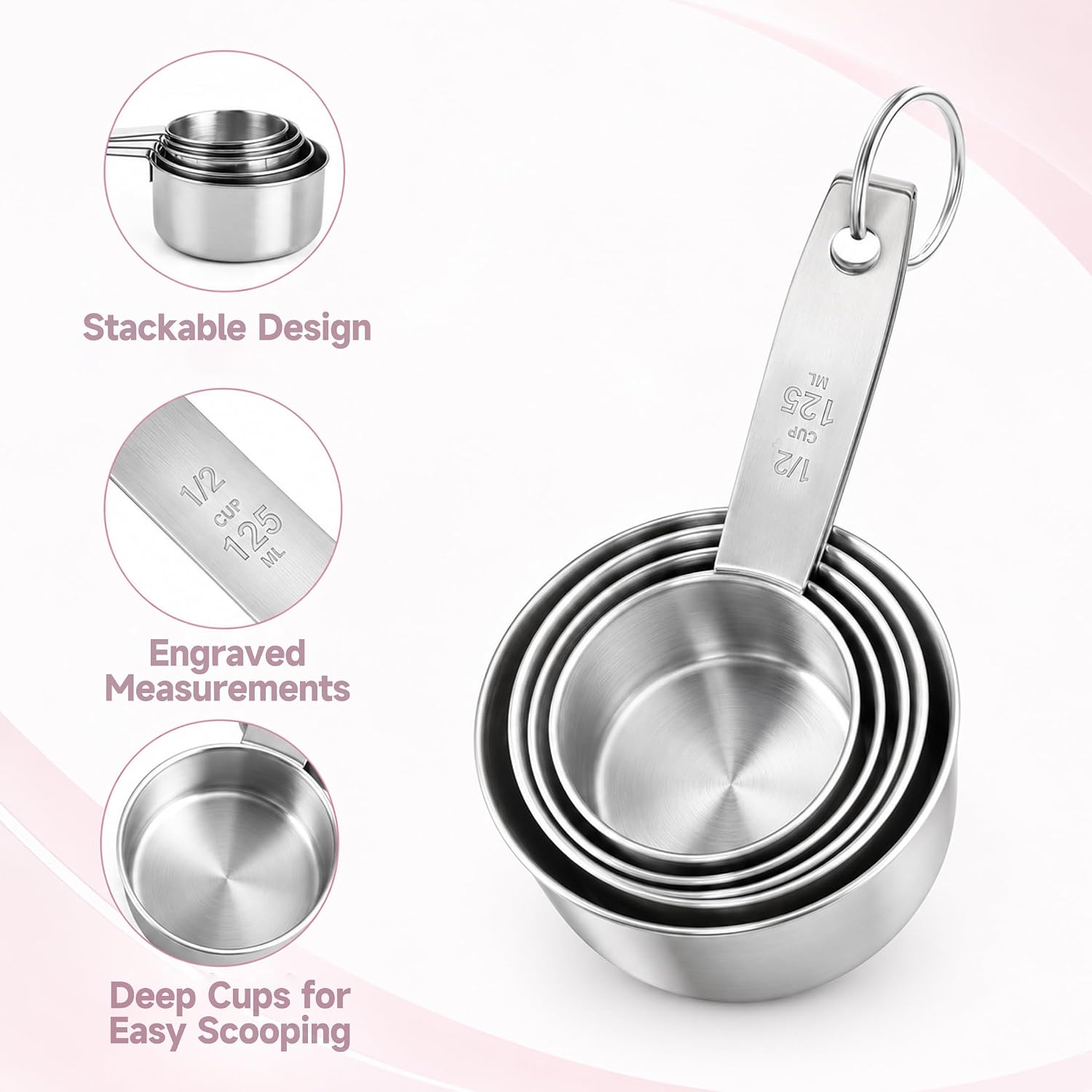 5-Piece Stainless Steel Measuring Cups Set, Stackable