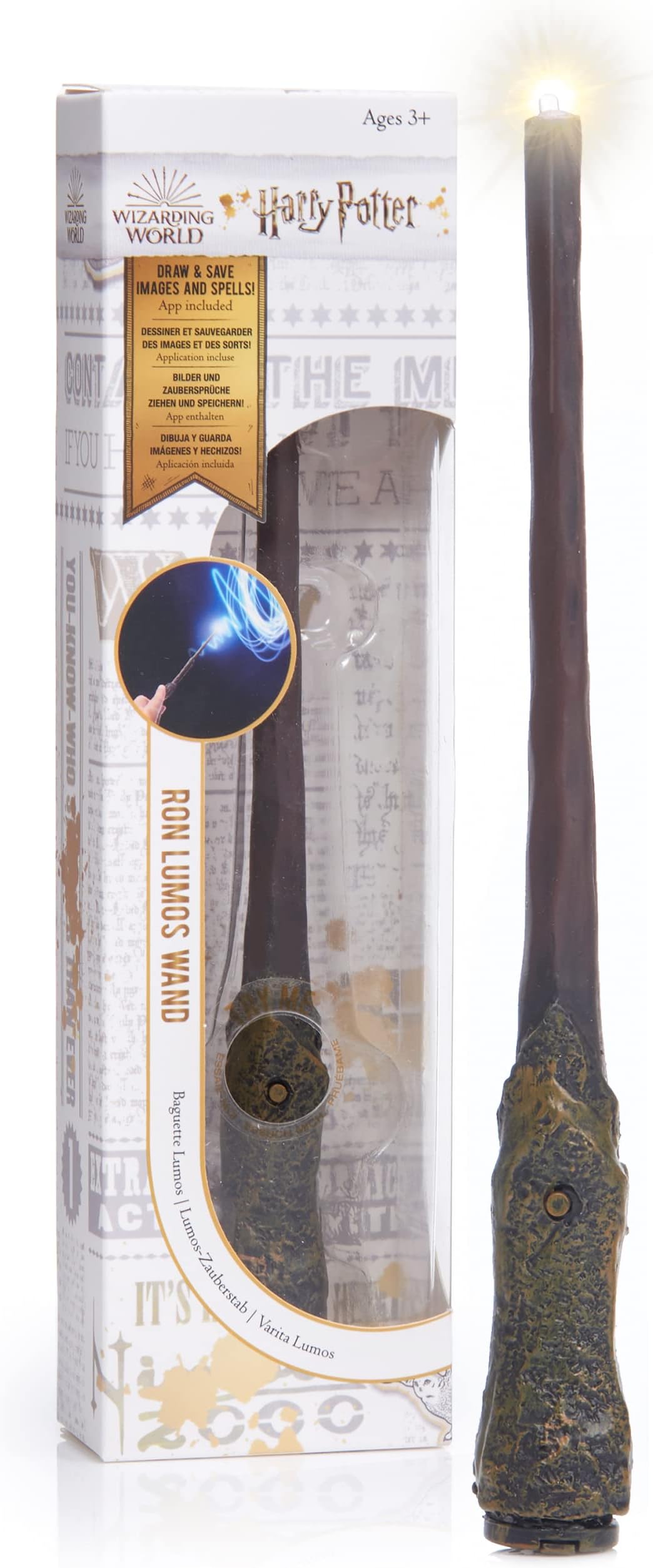 WOW! STUFF - Ron Weasley Lumos Wand 7 Inch Light up, Wizarding World Harry Potter Gifts, Toys and Collectables Role Play or Dress-up Costume Accessory for Fans, Girls Boys, Ages 6 to Adult, Brown