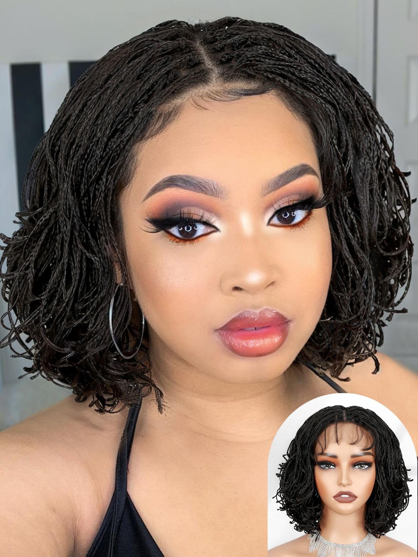 FANCEE Curly Braids Bob Wig Double Full Lace Curly Micro Box Braided Bob Wig with Baby Hair Pre Plucked Knotless Squrare Part Mini Braid Twist Locs