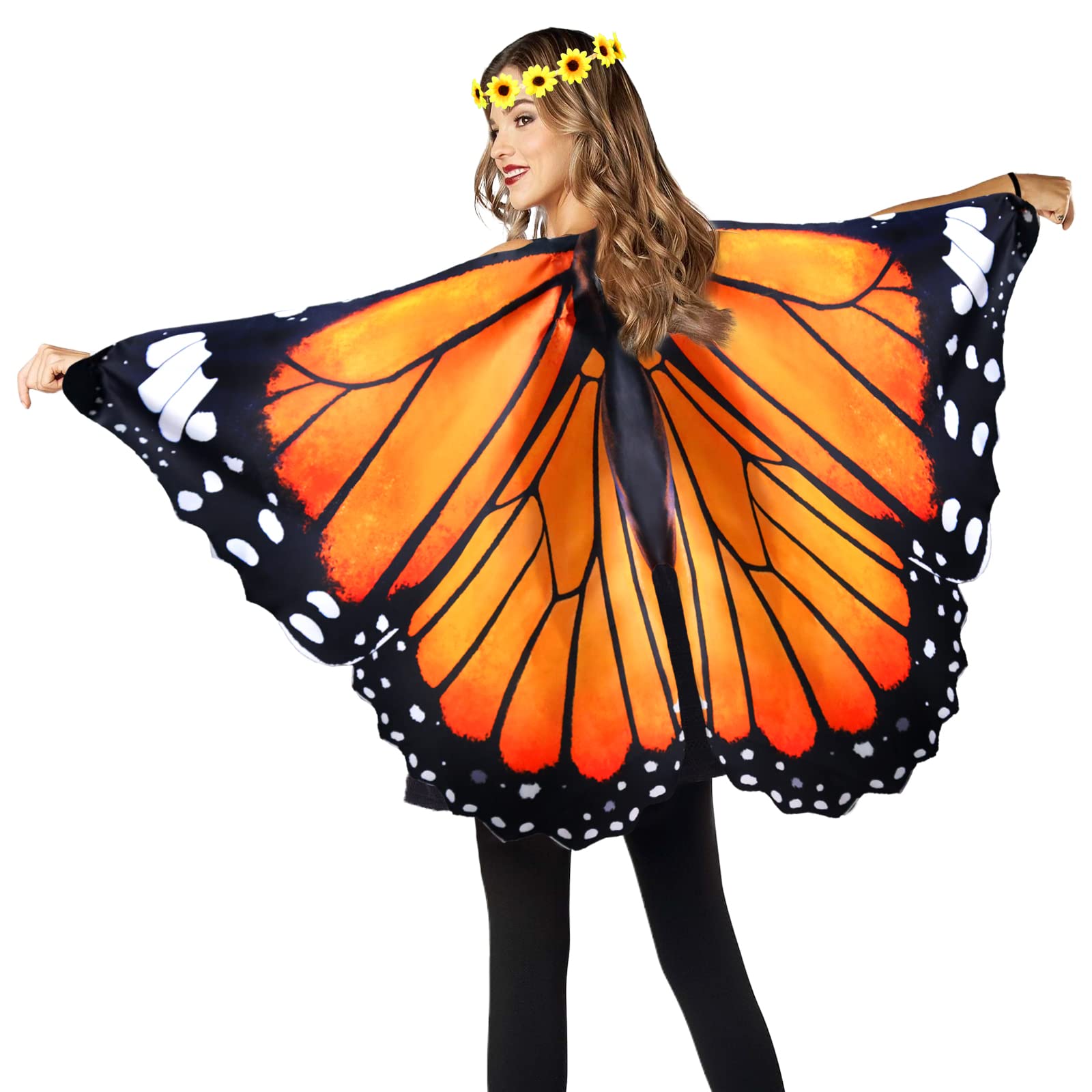 IROLEHOMEMonarch Adult-Butterfly-Wings-Costume for Women Halloween Costumes Fairy Butterfly Cape and Flower Headband Party