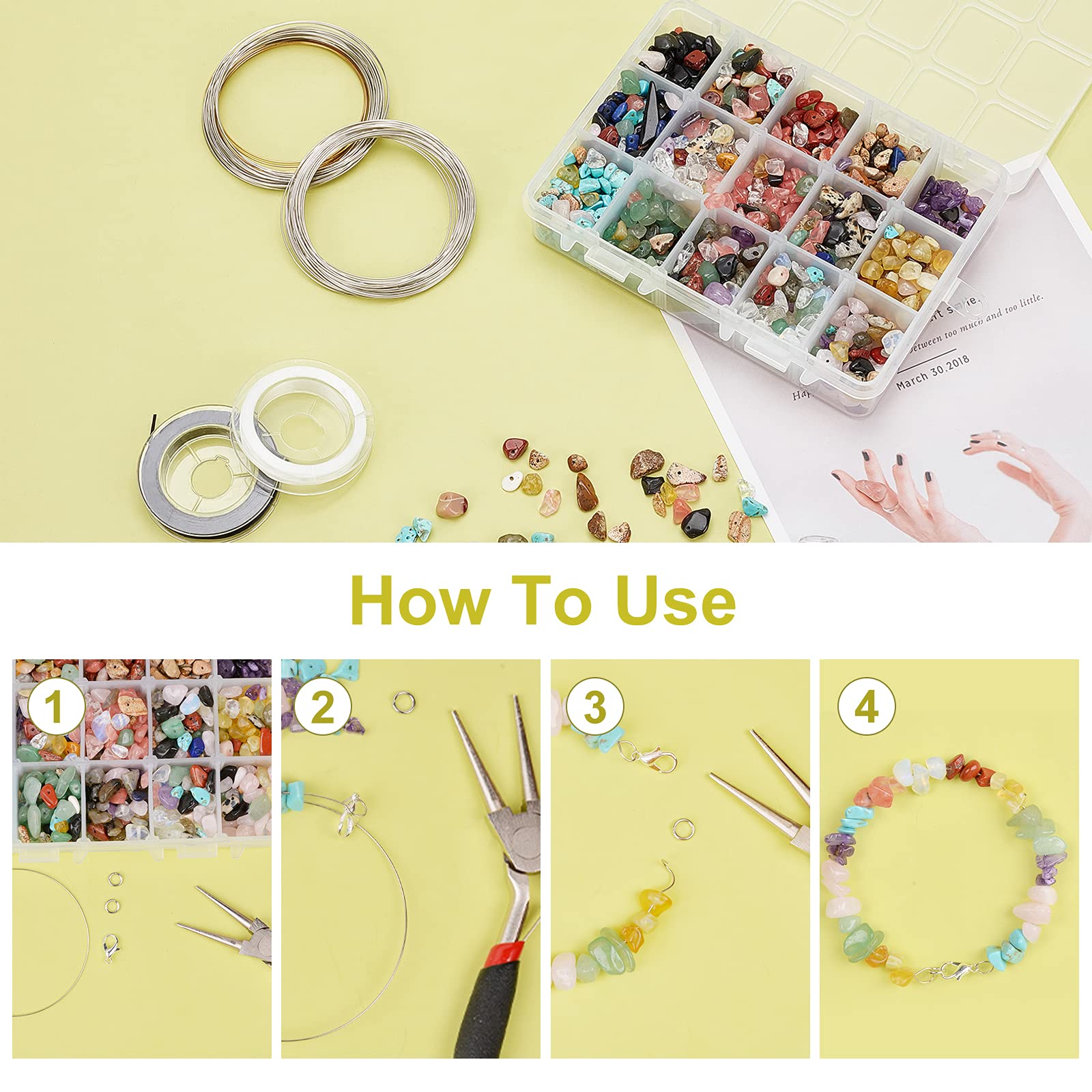 NBEADS 1 Box Crystal Chips Perlen, 15 Materialien Chips Unregelmäßige Perlen Natürliche Edelsteine Perlen Mit 2 Rollen Elastischer Faden Für Schmuckherstellung DIY Handwerk Craft, Ca. 5~8 mm Breit