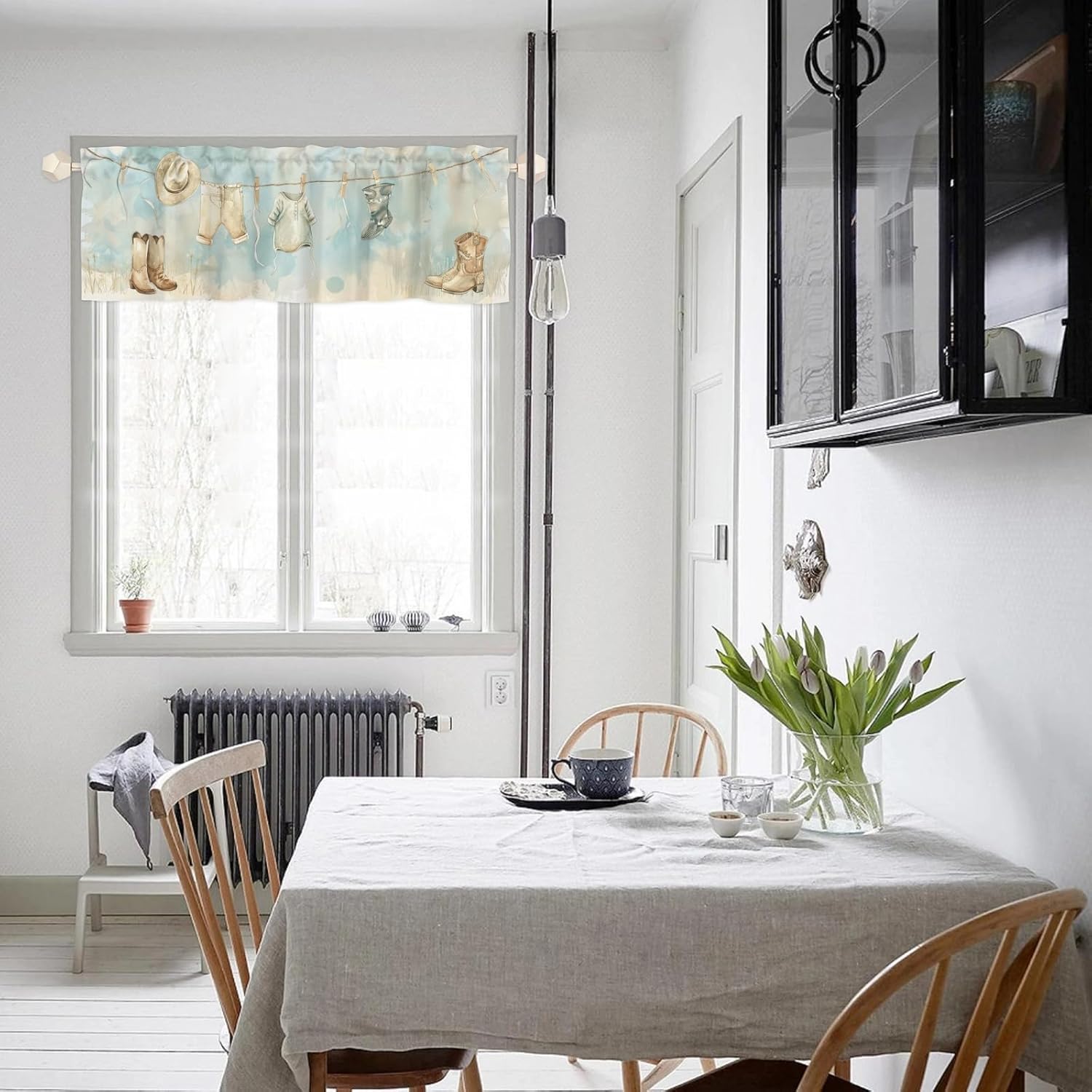 Vintage Cowboy Boot Hat Hanging Clothes Kitchen Valance Curtains Rod Pocket Retro Wild West Cowboys Laundry Room Small Short Window Treatments for Bathroom Bedroom Kids Room Nursery 54x18 in