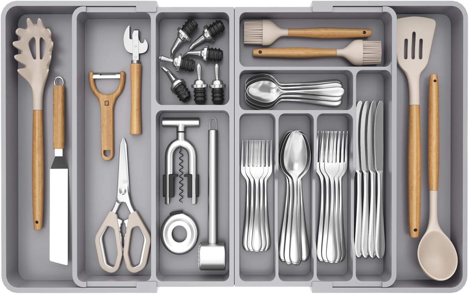 Lifewit Utensil Organizer for Kitchen Drawer, Expandable Cooking Silverware Tray, Adjustable Cutlery Flatware Holder, Plastic Spatula Tools Storage Divider, 21.3- 36 x 16.9", Gray