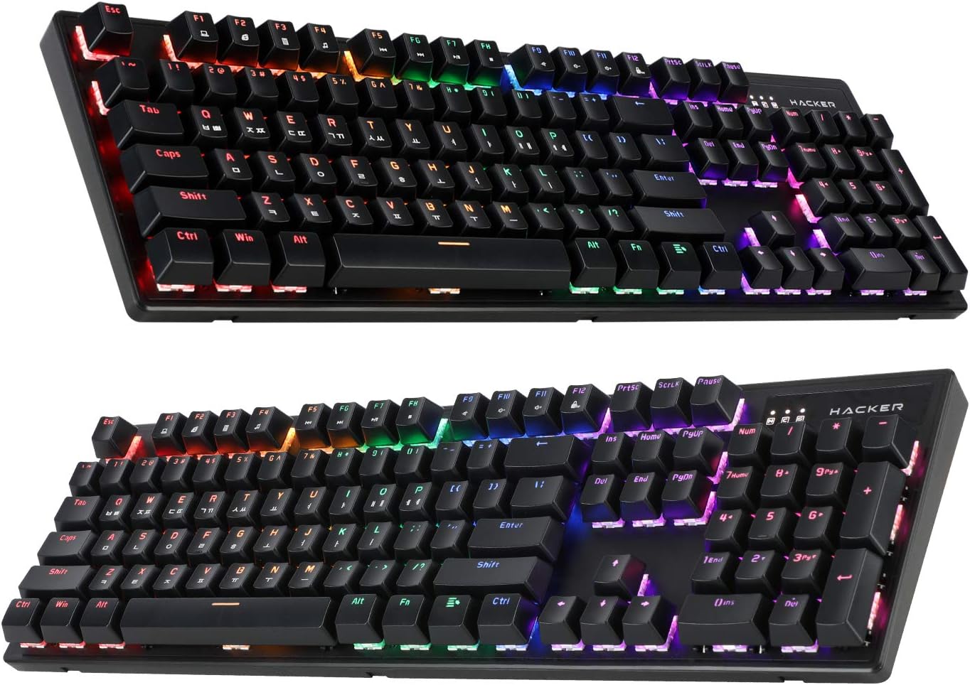 Dos ángulos views of the ABKO Hacker K560 keyboard, demonstrating the full layout and keycap design