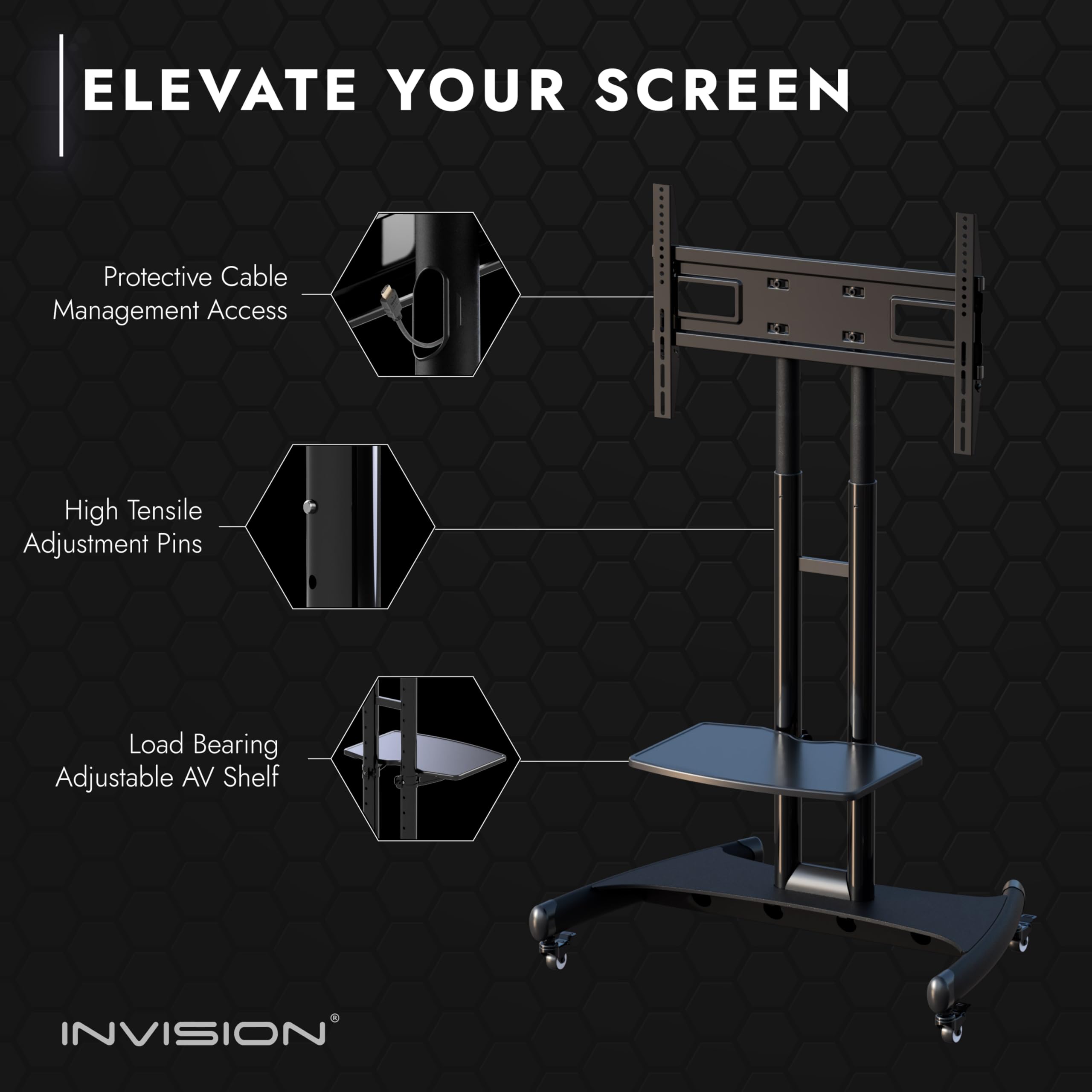 Invision Support TV sur Pied 32-75" Écran, Chariot Meuble TV à roulettes Réglable en Hauteur avec 1 Etagère, Anti Basculement et Ultra Stable, Jusqu'à 45.5kg Max VESA 600x400mm GT1200 ScreenStation