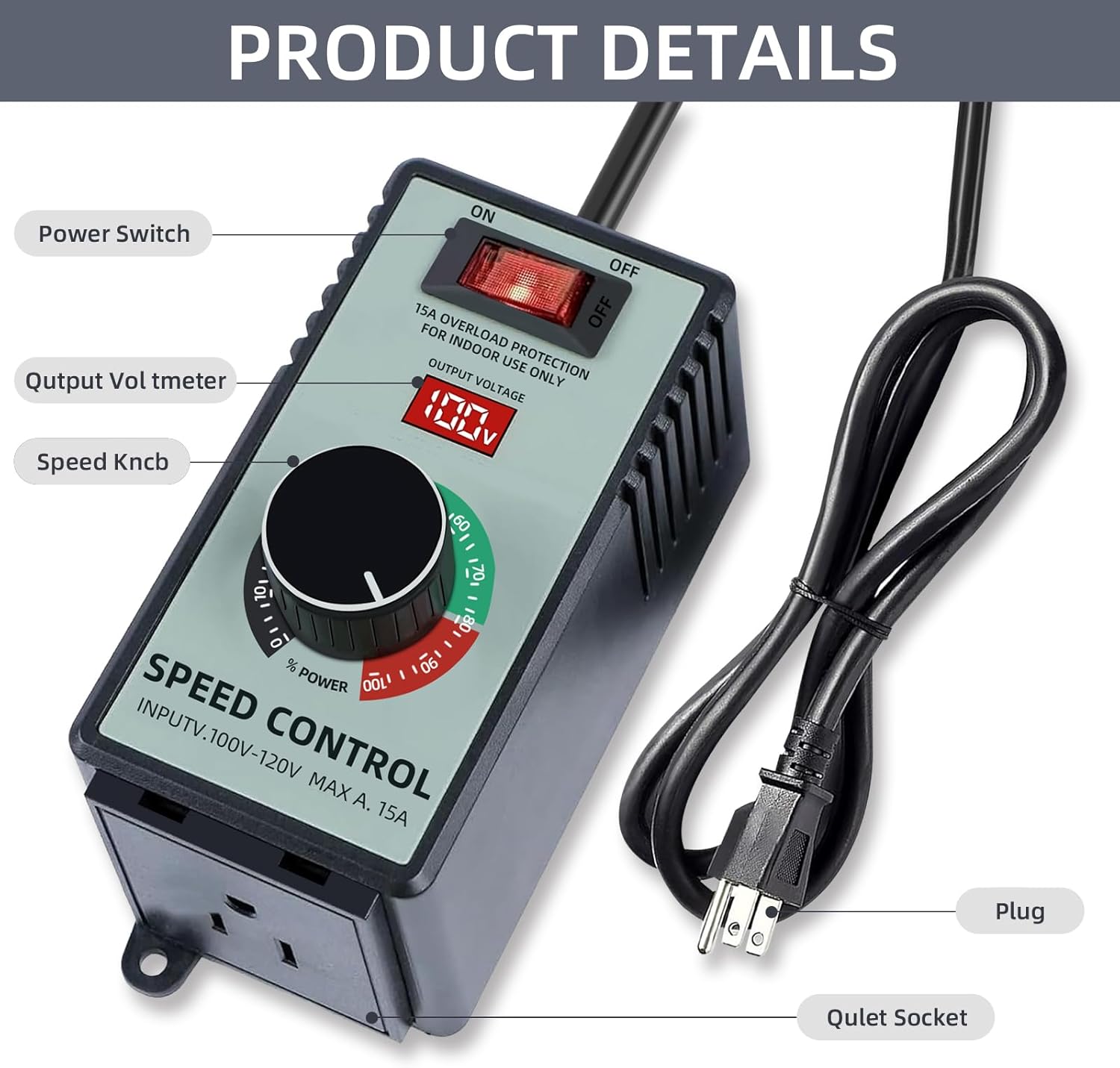 AC Motor Speed Controller 120V 15A, Variable Fan Speed Controller with LED Digital Display, Electronic Voltage Regulator for Electric Motors, Adjustable Speed Control with Overload Protection