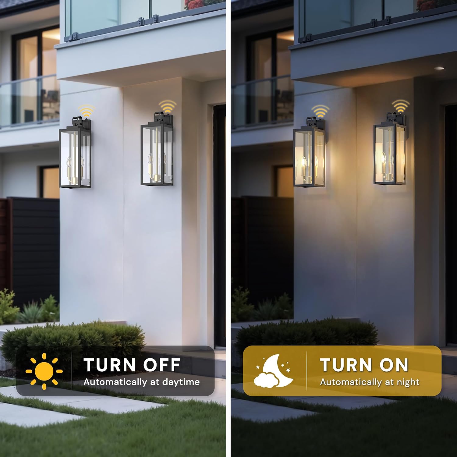 L LOHAS LED 18" Dusk to Dawn Outdoor Wall Lights, 2-Light Black and Gold Outdoor Wall Sconce Lantern with Clear Glass, Tall Transitional Exterior Light Fixtures for Porch, Garage, ETL Listed, 2 Pack