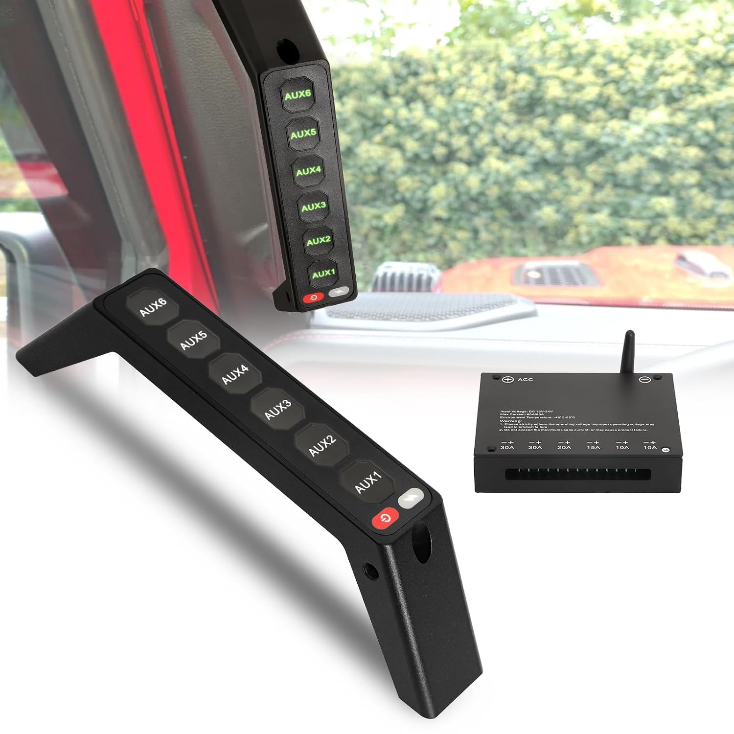 Grab Handle 6 Gang Wireless Switch Panel Compatible with Wrangler JL 2018-2023 and Gladiator 2020-2023, Automatic Backlight Design, Constant Mode & Flash Strobe Type-C Charging