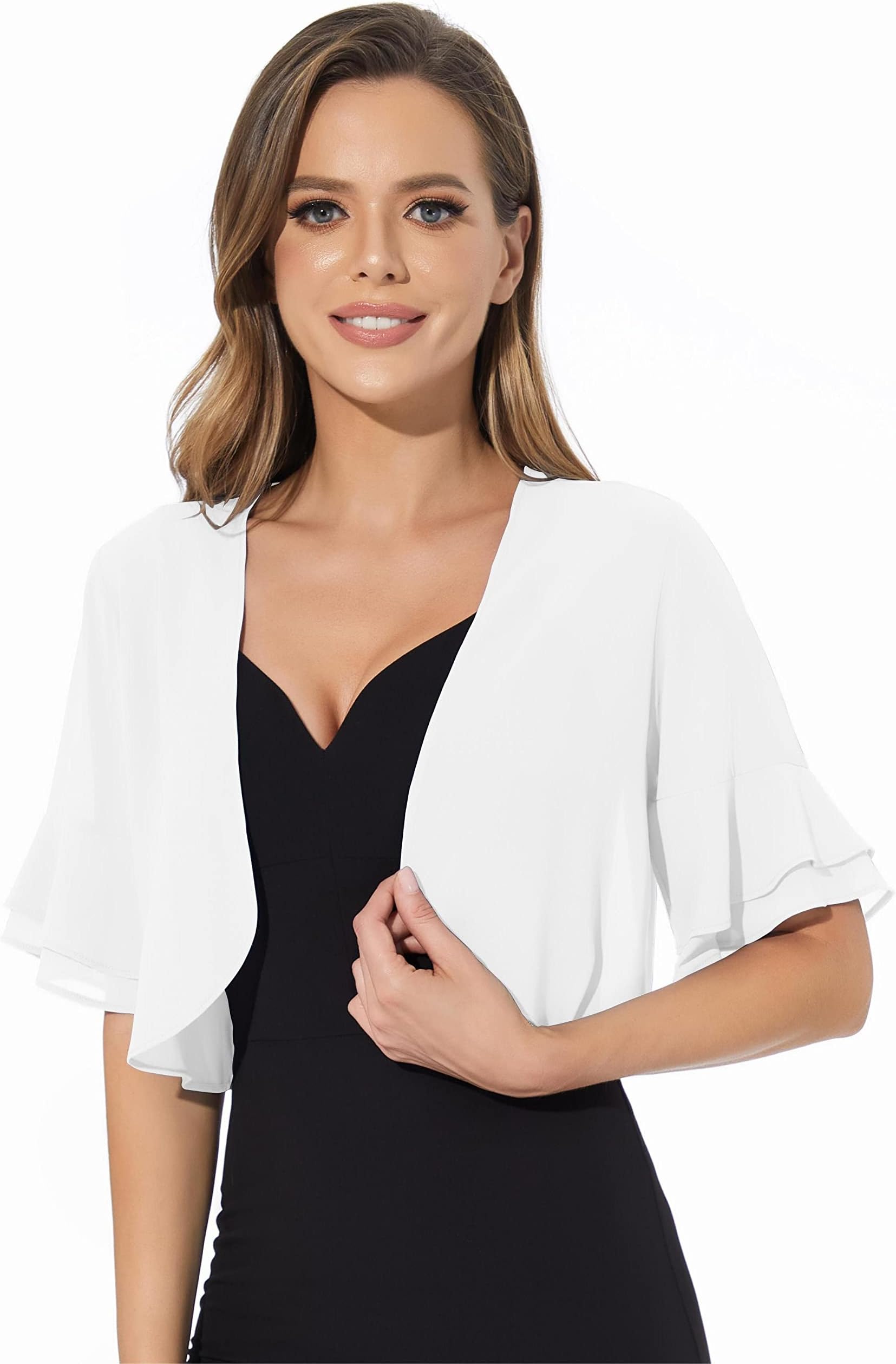 Women Shrug Soft Chiffon Open Front Sheer 3/4 Sleeve Bolero Cardigan for Evening Dress