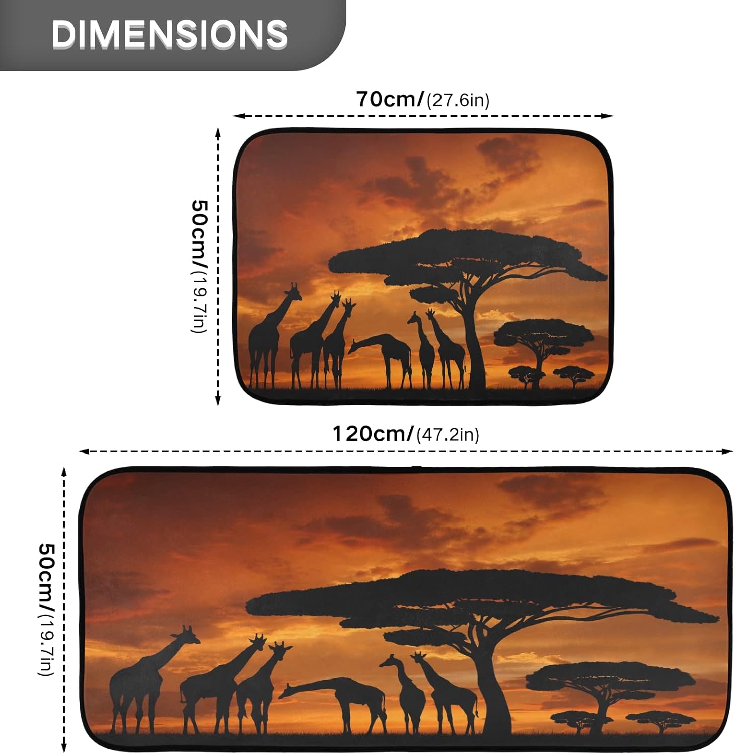 ALAZA Giraffe Sunrise African 2 Piece Kitchen Rug Floor Mat Set Runner Rugs Non-Slip for Kitchen Laundry Office 20" x 28" + 20" x 48"