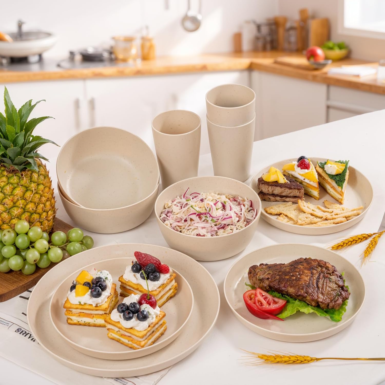 EI 24pcs Wheat Straw Dinnerware Set, Beige Wheat Straw Plates, Reusable Unbreakable Plates for Camping, Picnics & Family Dinners