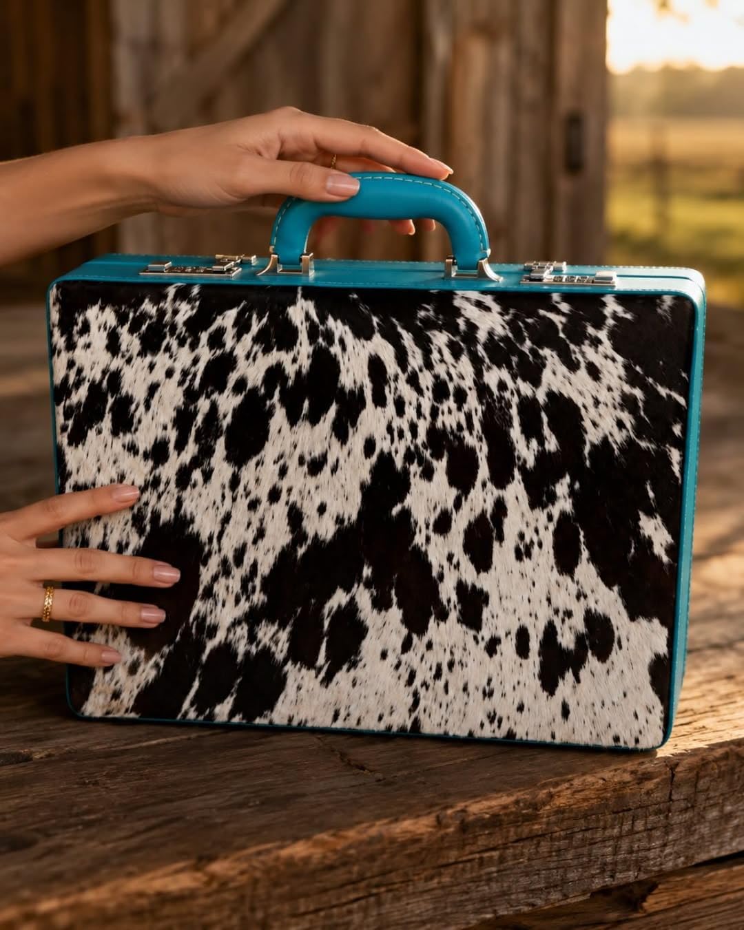 Luxury Cowhide Pattern Briefcase for Women & Men – Black & White Hair-On Hide Style Laptop Bag with Turquoise Handle, Multi-Pocket Organizer & Secure Locks – 17” Handmade Business Work Case image 2