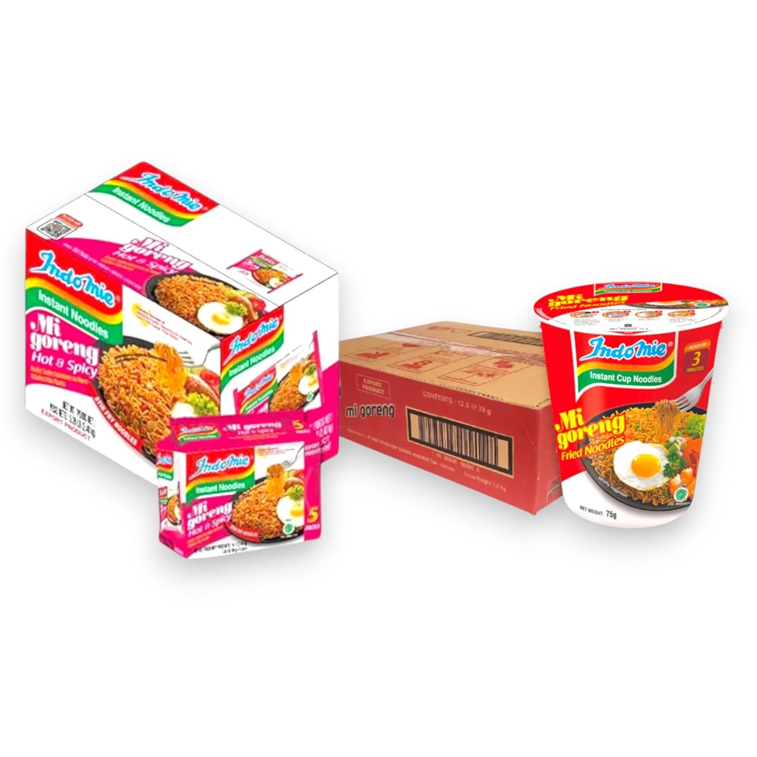 Indomie Mi Goreng Instant Noodles, Halal, 42 Pack – 12 Original Flavor Noodles Cup + 30 Hot n Spicy Flavor, Stir Fry Style (Pack of 42)