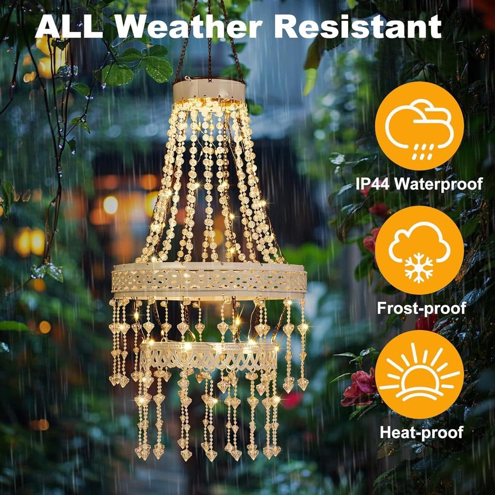 OOWOKS Solar Kristall Kronleuchter Außen Hängelampe IP44 Wasserdicht 3000K Warmweiß Solar Hängelampe mit Acryl Perlen Automatische Ein/Aus für Pergola Baum Terrasse Garten Hochzeitsdeko