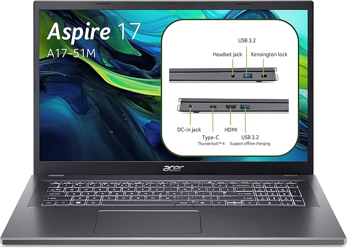 acer Aspire 17 A17-51M-51CV, Ordinateur Portable 17,3" Full HD IPS 60 Hz (Intel Core i5-1334U, RAM 16 Go, SSD 512 Go, Intel XE Graphics, Windows 11 Home), Gris, Clavier Français AZERTY