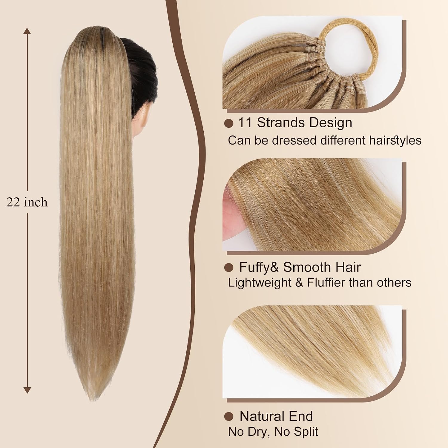 Ponytail Hair Extension For Women,Long Braided Ponytail With Hair Tie,Straight Wrap Around Braided Hair Extension,Synthetic Hair Ponytail Extension 22inch(Golden Blonde Highlights)