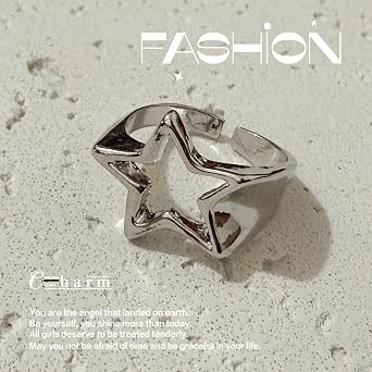 Hollow Star Ring for Women,Vintage Silver Gothic Geometric Open Adjustable Stackable Finger Knuckle Rings,Metal Hollow Simple Star Shaped Grunge Band Y2K Statement Chunky Ring