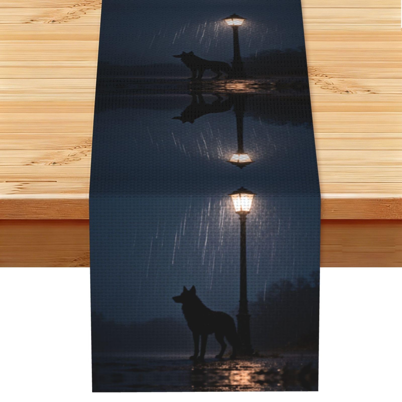 Rain Night Wolf Linen Look Table Runner 13x72-Wrinkle Resistant Farmhouse Style for Dining Table Decor