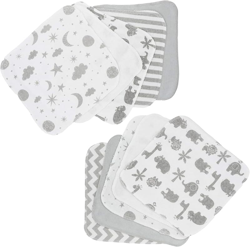 Spasilk Washcloth Wipes Set for Newborn Boys and Girls, Soft Terry Washcloth Set, Pack of 10, Gray Celestial
