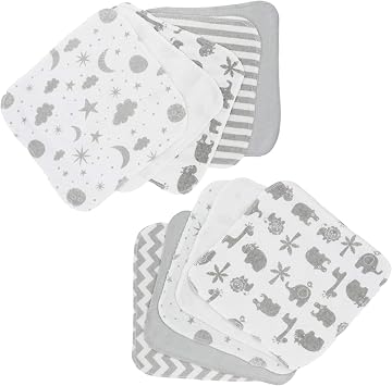 Spasilk Washcloth Wipes Set for Newborn Boys and Girls, Soft Terry Washcloth Set, Pack of 10, Gray Celestial