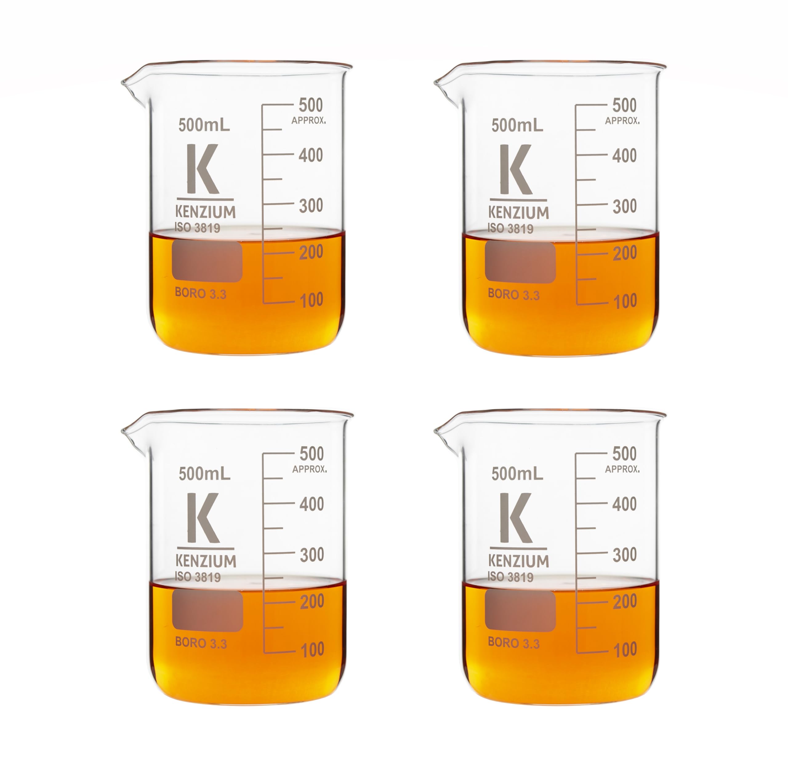 KENZIUM - Pack 4 x Béchers | Volume : 500 ml | Verre Borosilicaté 3.3 | Forme Basse | Gradué, avec Bec Verseur | Pour Tous Types d'Echantillons | Haute Résistance, Autoclavable
