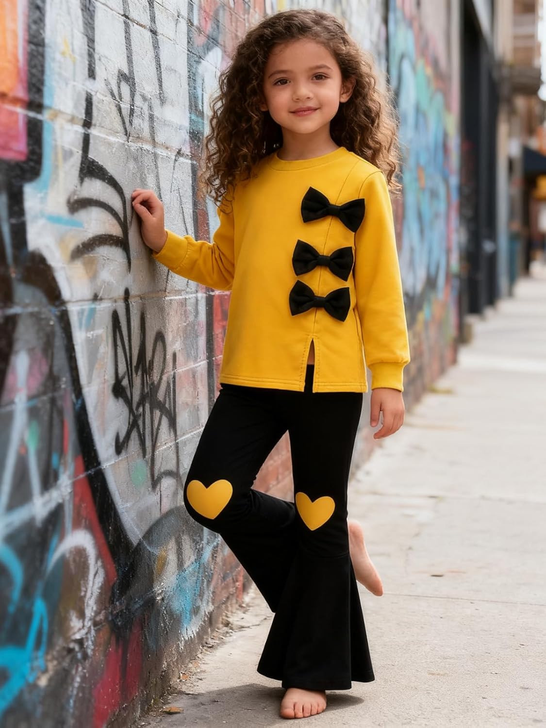 3-9 Years Kids Toddler Girl Clothes bow tie Sweatshirt Flared Pants 2Pcs Fall Winter Outfits Set - Image 3