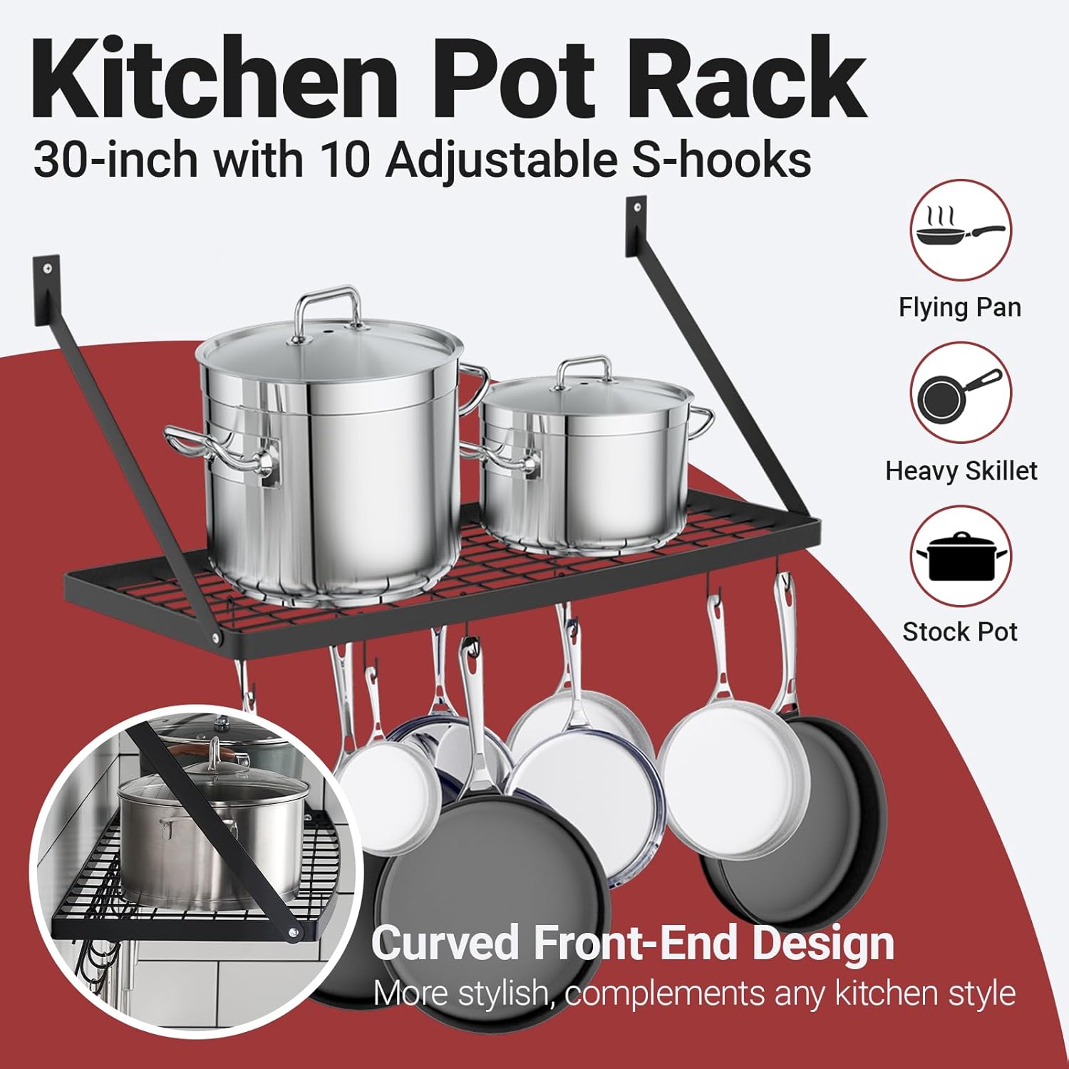 Hoooh 30-Inch Kitchen Pot Rack - Matte Black Wall-Mounted Cookware Hanging Racks, Heavy Duty Iron Shelf with 10 S-Hooks, Space-Saving Organizer for Pots, Pans & Cooking Utensils