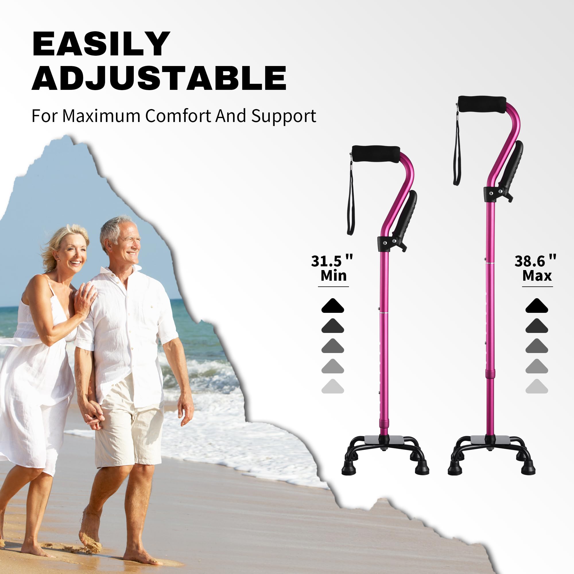 Stand Assist laska do chodzenia dla seniorów – składana, regulowana, czterokrotna laska z drugim uchwytem do dźwigni, samodzielna laska do chodzenia z 4-zębową podstawą dla stabilności i powrotu do