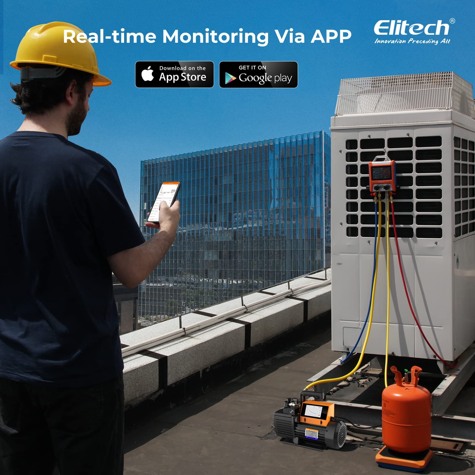 Elitech 5L/S Pompa Vuoto per Condizionatori con Manometro V1200 12 CFM, Pompa per Vuoto HVAC Intelligente con Monitoraggio Dati, Controllo App e Rilevamento Perdite (senza Olio)