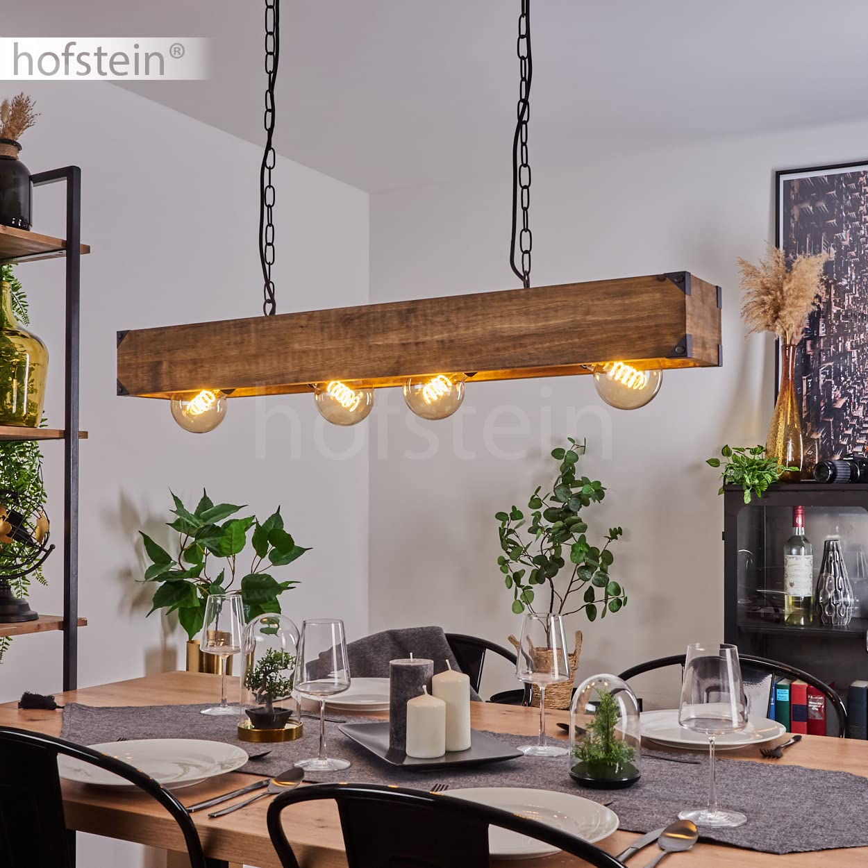 Lampada a sospensione Olomouc, lampada a sospensione in metallo nero, lampada a sospensione con asta in legno, anelli di catena e paralumi regolabili, altezza massima 119 cm, 4 x E27,senza lampadina/e