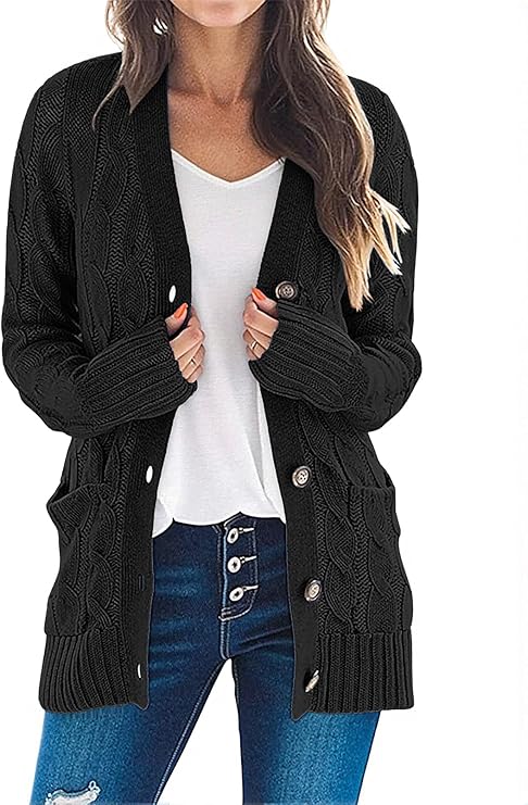 MEROKEETY Women's 2025 Fall Long Sleeve Cable Knit Sweater Open Front Cardigan Button Loose Outerwear