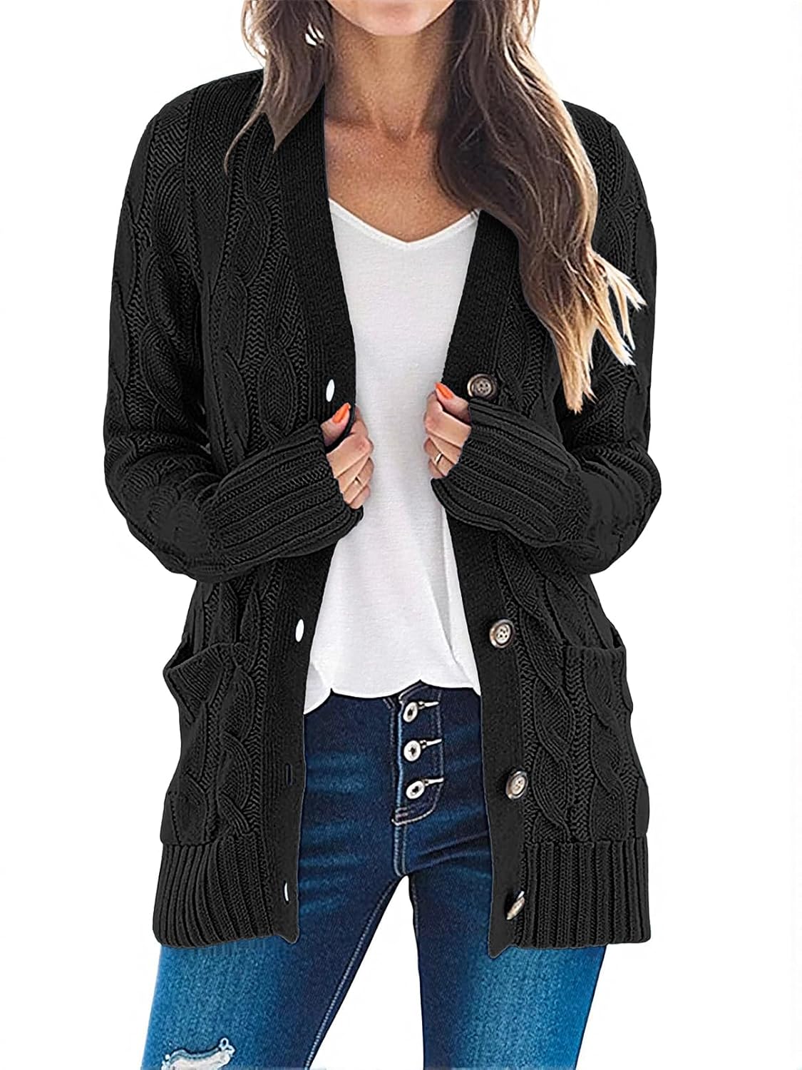 MEROKEETY Womens 2025 Fall Long Sleeve Cable Knit Sweater Open Front Cardigan Button Loose Outerwear