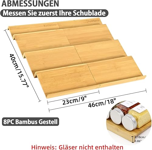 Miniatura 2 de KitHero Organizador de cajones de especias, 4 niveles, 8 piezas de bandeja de especias de bambú para encimera, cajón de cocina, organización de
