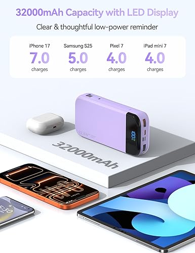 Miniatura 3 de Cargador portátil de batería con cables integrados, 32000 mAh, 22.5 W, USB C, carga rápida, 5 salidas 3 entradas, paquete de baterías esenciales de