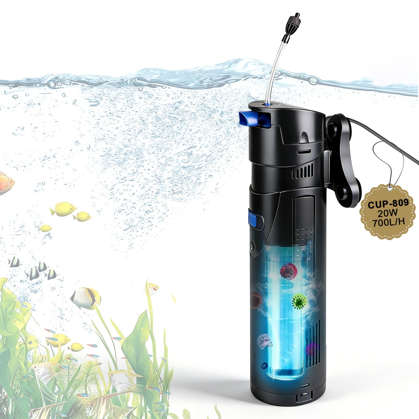 EXLECO 4 in 1 Aquarium Filter for Fish Tank, Purifier with UV Lamp 9 W and Purifier 700 L/h 20 W, with Pump, Skimmer, Sponge and Media, Ideal for 150 – 300 L Fish Bowls, Turtle for Water Turtles