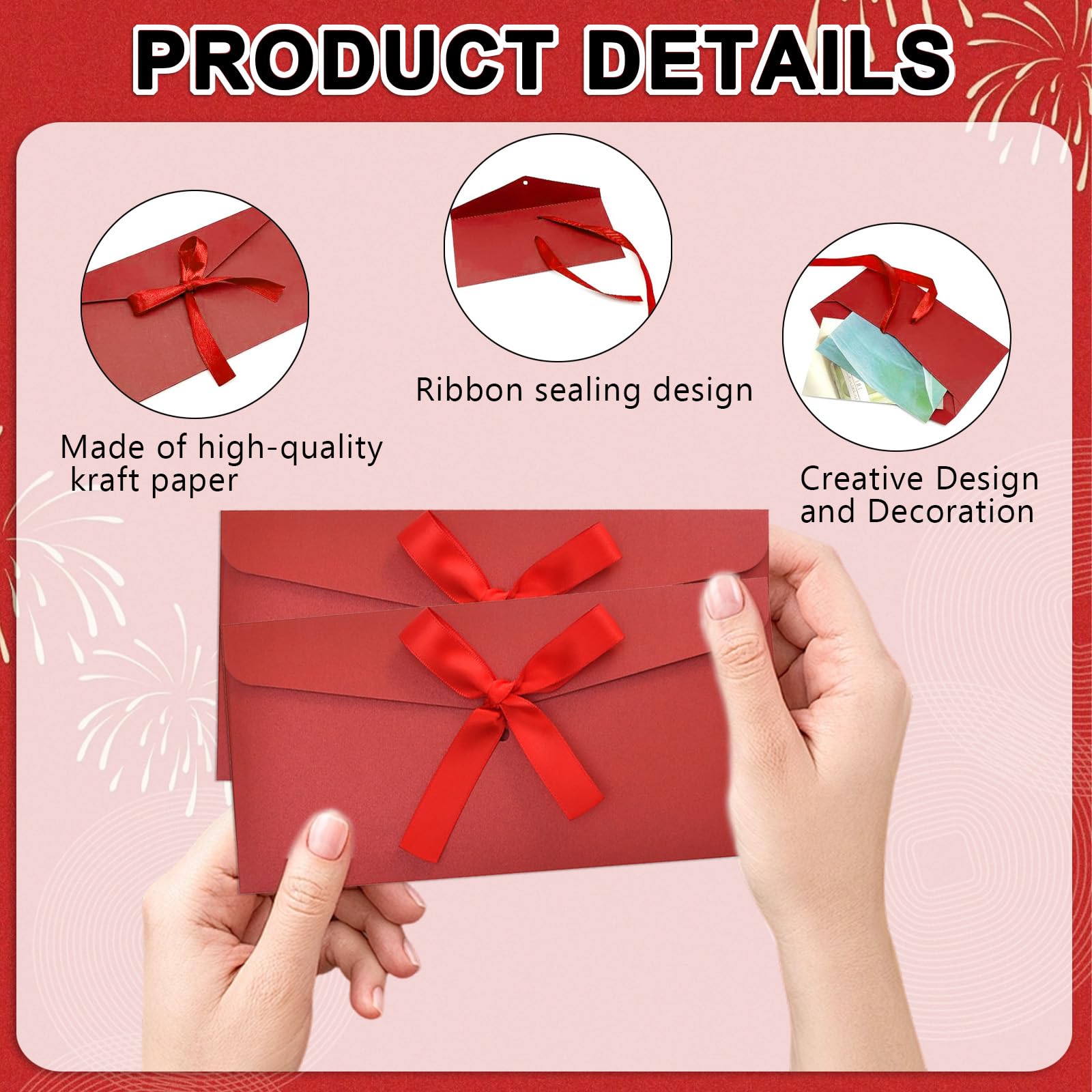 Buste Regalo in Carta Kraft Retro Rosso 22 x 11 cm con Nastro per Biglietti Auguri
