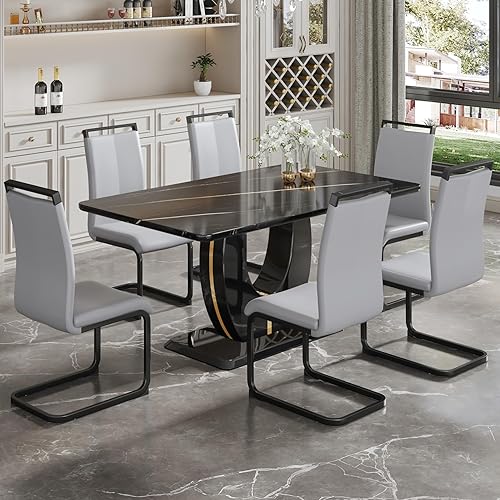 JUFU Juego de mesa de comedor moderna para 6 personas, mesa de cocina rectangular con mesa de mármol sintético y 6 sillas tapizadas de piel