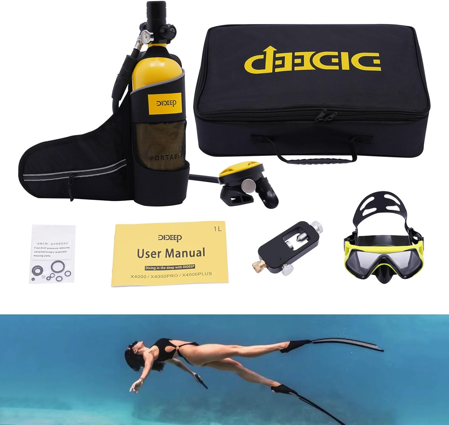Reusable Mini Scuba Tank 1L Portable Underwater Breathing Device with Diving Mask, 15-20 Minutes Dive Time, 32.8ft Depth, Aluminum Alloy, Black and Yellow