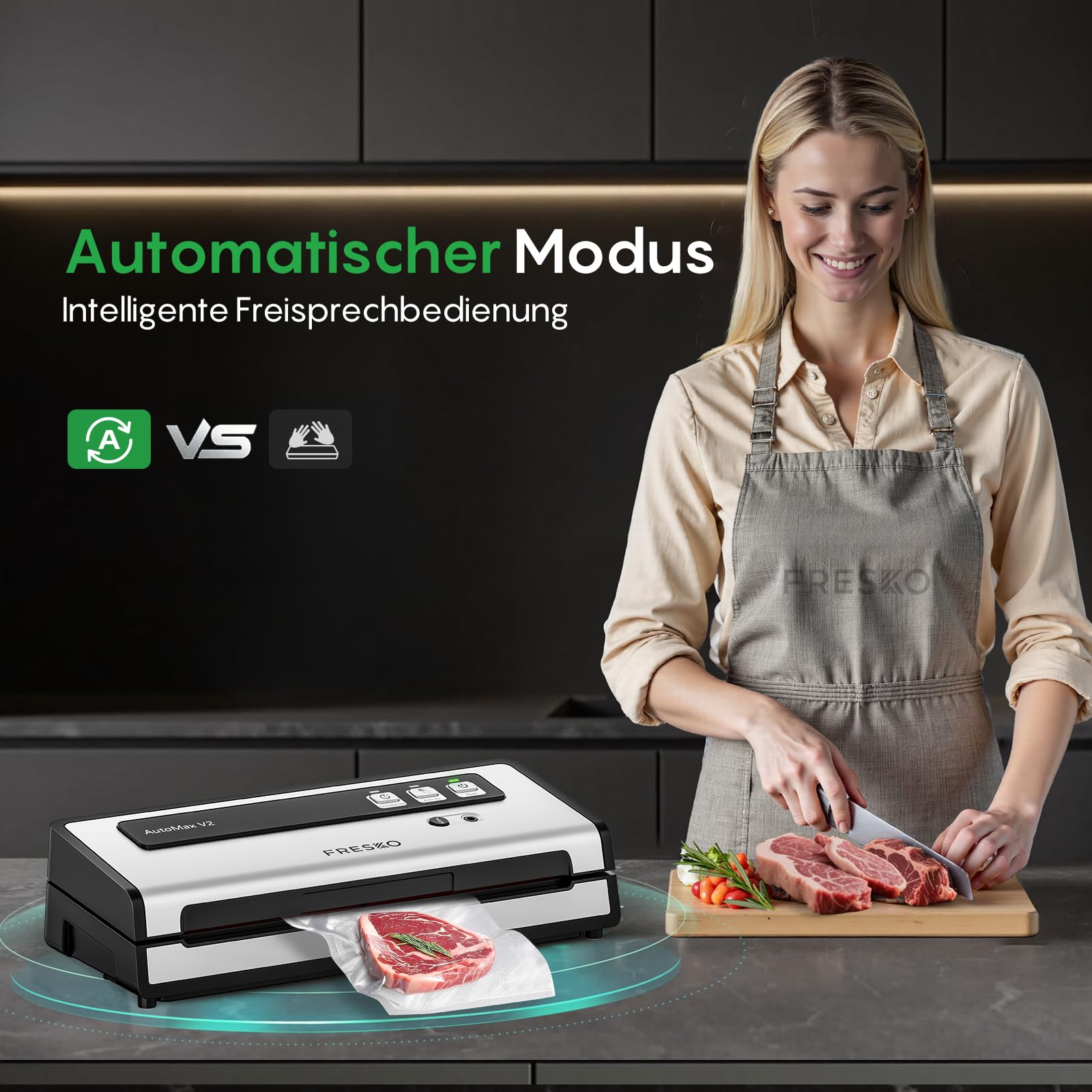 FRESKO Automatische Vakuumiergerät 140W Doppelte Heißsiegelung Trocken-/Feuchtmodus Einhand-Bedienung Automatischer Verriegelung 10 Beutel Automax V2